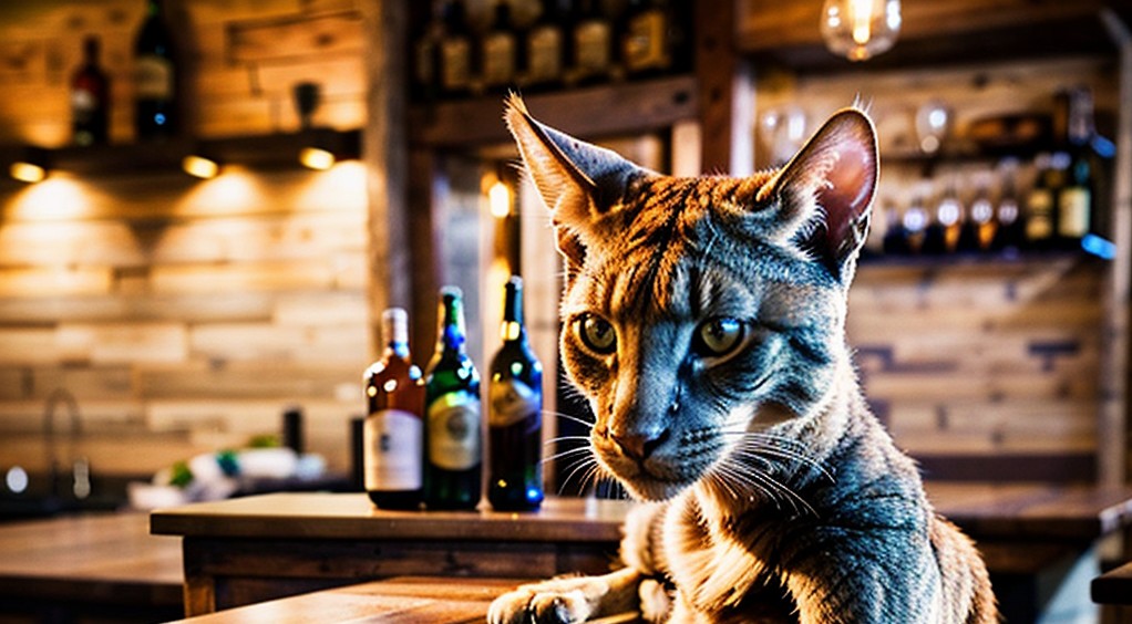 Tom the cat sitting at the bar in the cathouse, turned slightly and seems to be waiting for a drink to be served